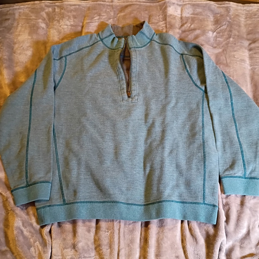 Tommy Bahama Mens Quarter Zip Pullover Sage Green Textured Knit Marlin Logo L